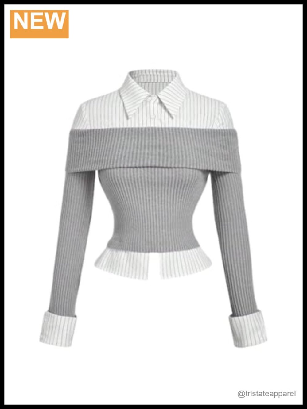 Striped Rib Knit Slim Fit Long Sleeve Collared Blouse for Women